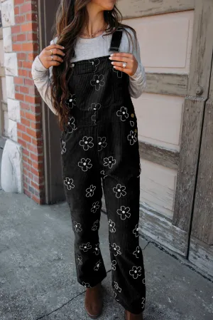 Black Flower Print Corduroy Overalls