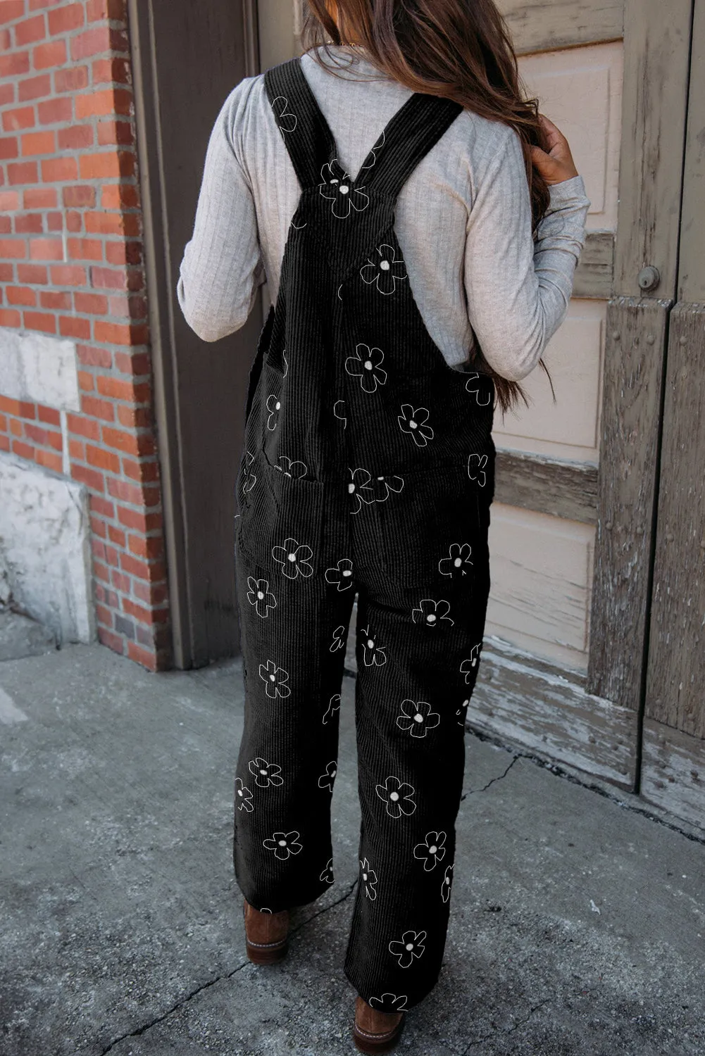Black Flower Print Corduroy Overalls