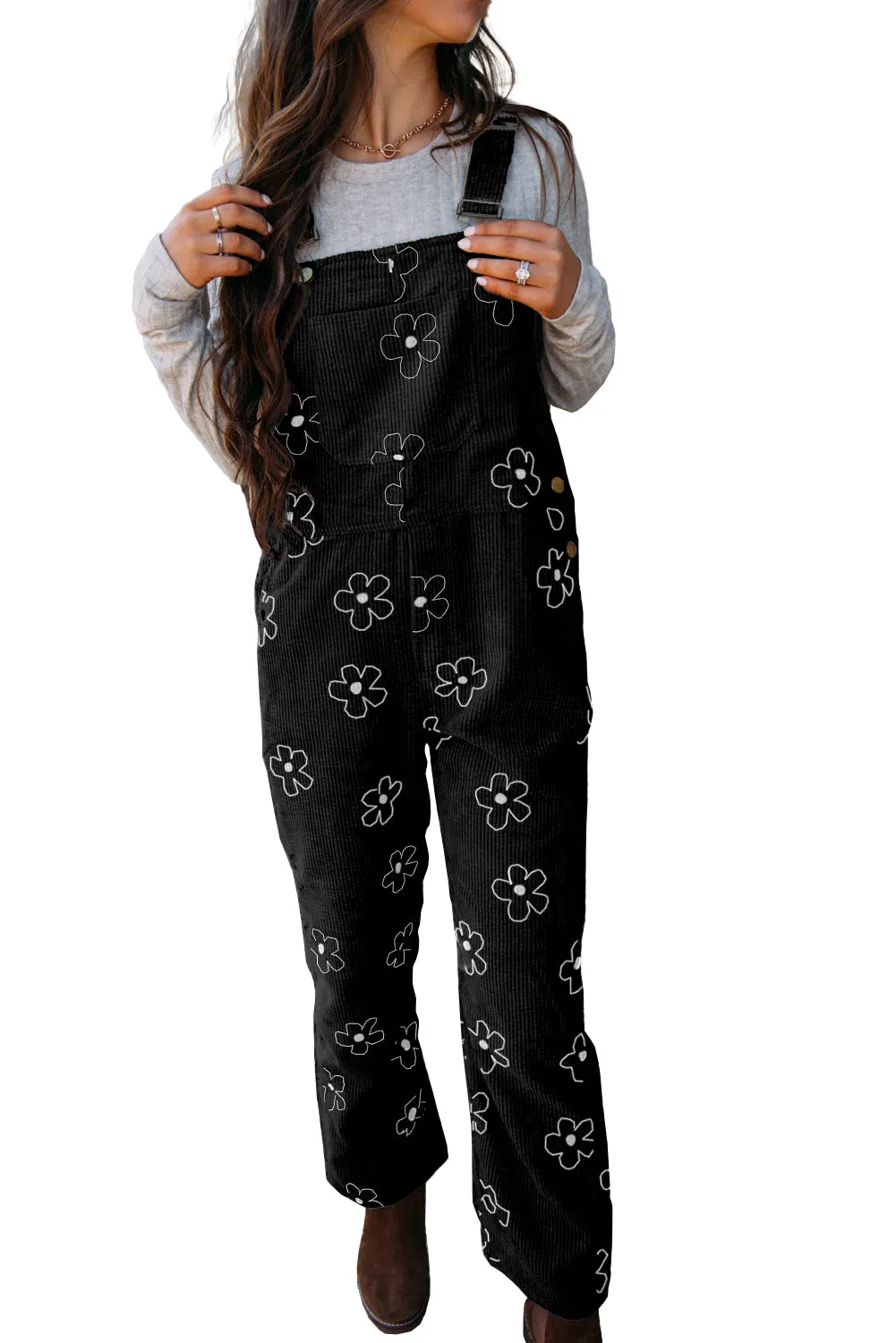 Black Flower Print Corduroy Overalls