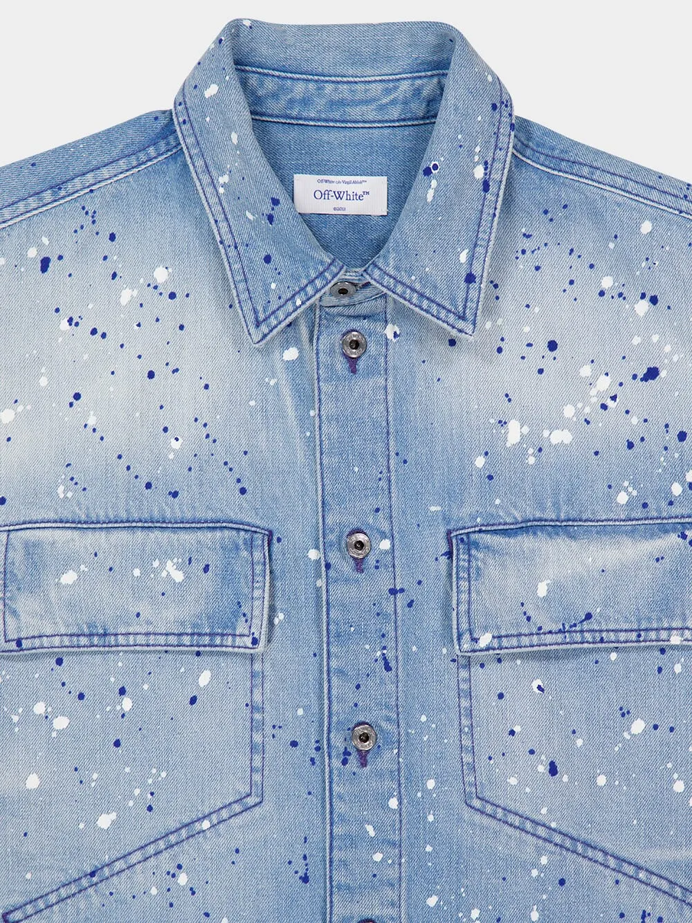 Blue Paint Effect Military Denim Shirt