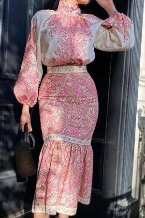 Bohemian Printed Top Mid-Length Wrap Arm Skirt Set