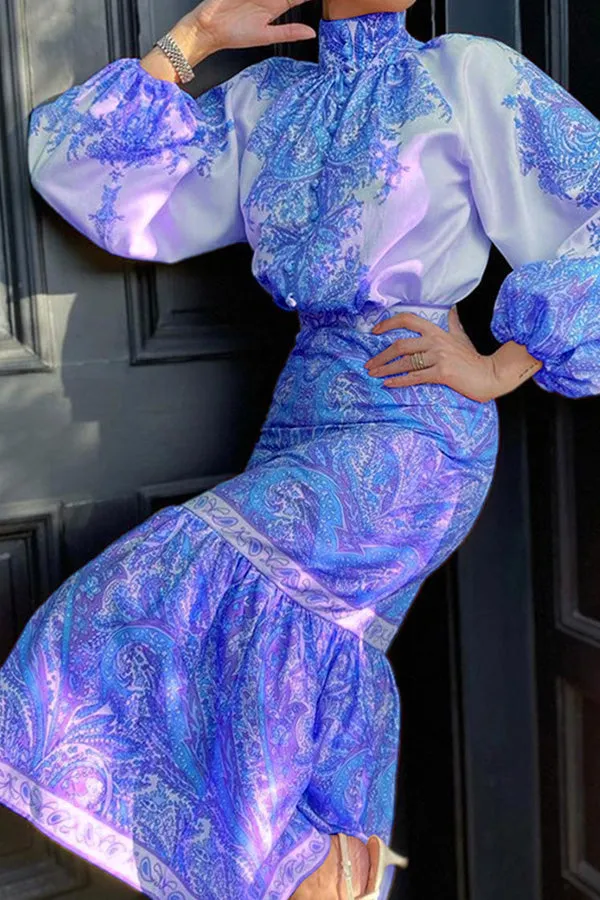 Bohemian Printed Top Mid-Length Wrap Arm Skirt Set