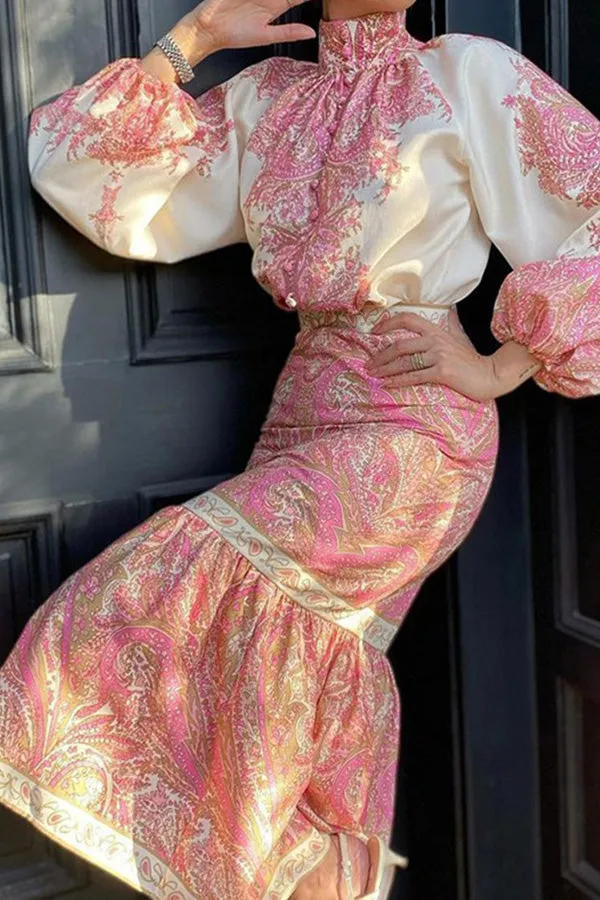 Bohemian Printed Top Mid-Length Wrap Arm Skirt Set