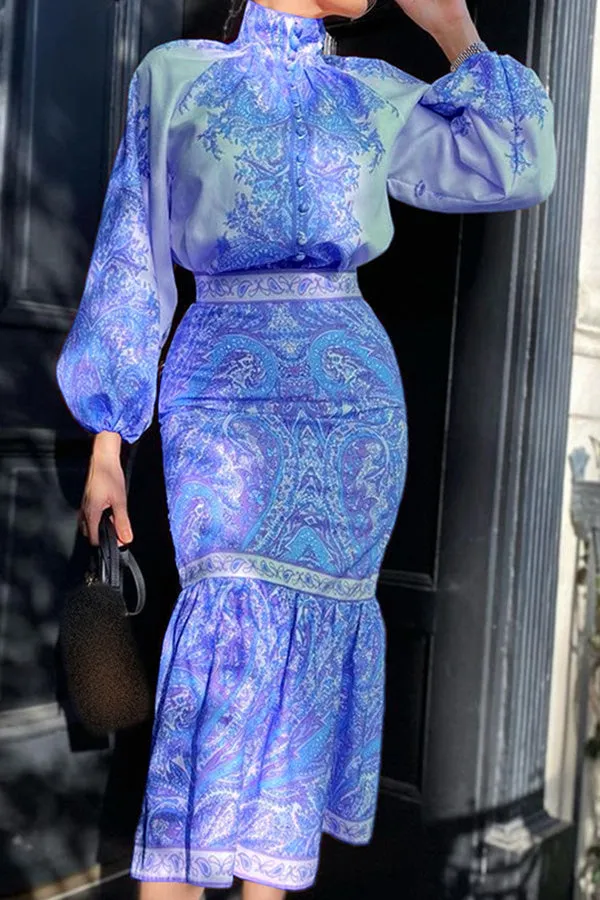 Bohemian Printed Top Mid-Length Wrap Arm Skirt Set