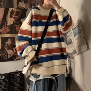 Bonsir Men's Fashion Loose Coats Striped Printing Wool Sweater Couples Clothes Cashmere Knitting In Warm Round Neck Pullover M-2XL