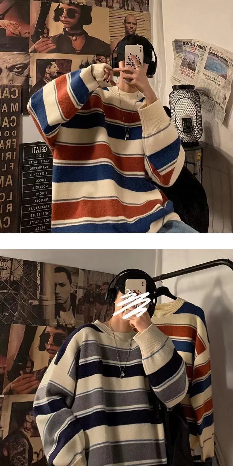 Bonsir Men's Fashion Loose Coats Striped Printing Wool Sweater Couples Clothes Cashmere Knitting In Warm Round Neck Pullover M-2XL
