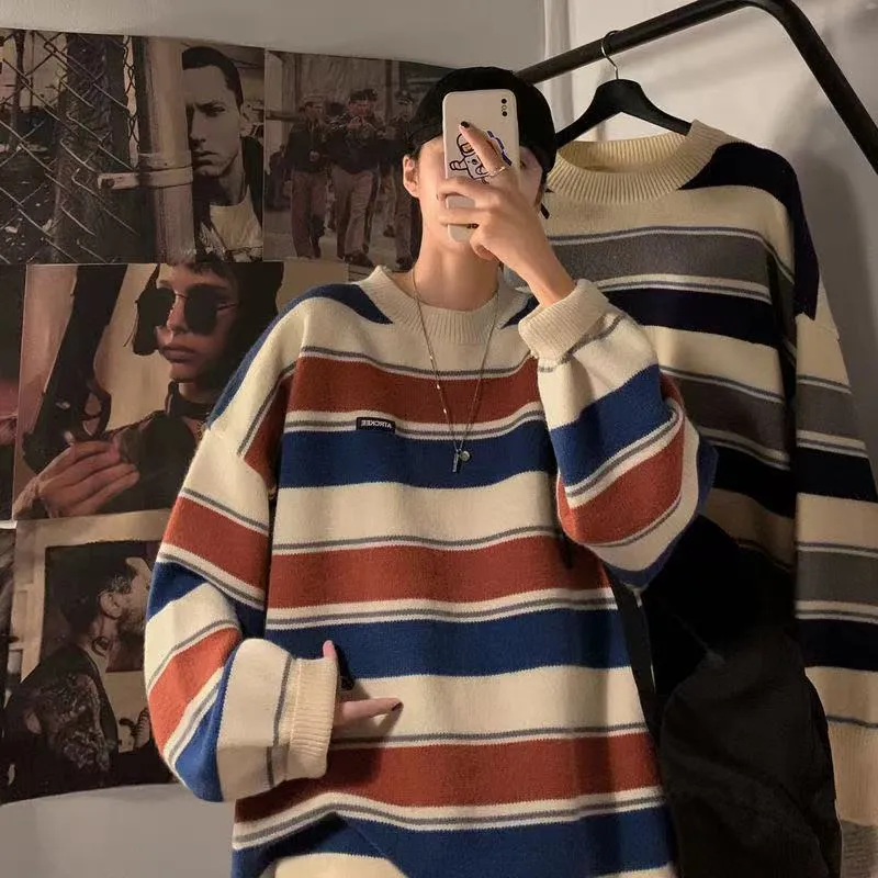 Bonsir Men's Fashion Loose Coats Striped Printing Wool Sweater Couples Clothes Cashmere Knitting In Warm Round Neck Pullover M-2XL