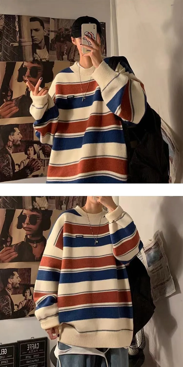 Bonsir Men's Fashion Loose Coats Striped Printing Wool Sweater Couples Clothes Cashmere Knitting In Warm Round Neck Pullover M-2XL