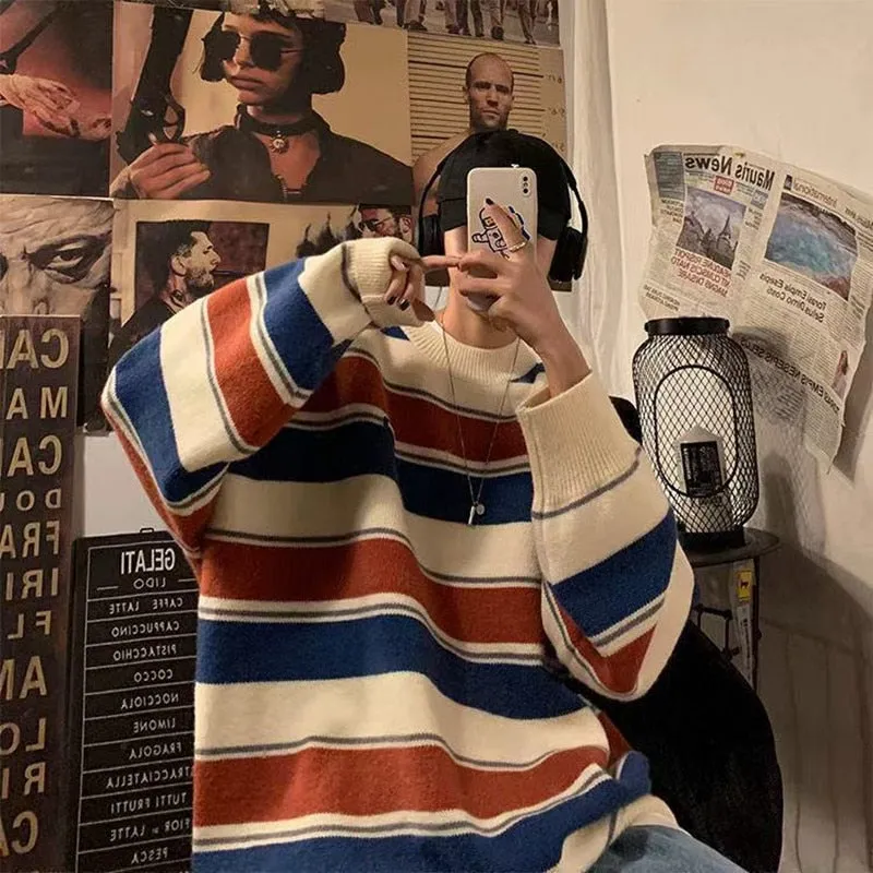 Bonsir Men's Fashion Loose Coats Striped Printing Wool Sweater Couples Clothes Cashmere Knitting In Warm Round Neck Pullover M-2XL