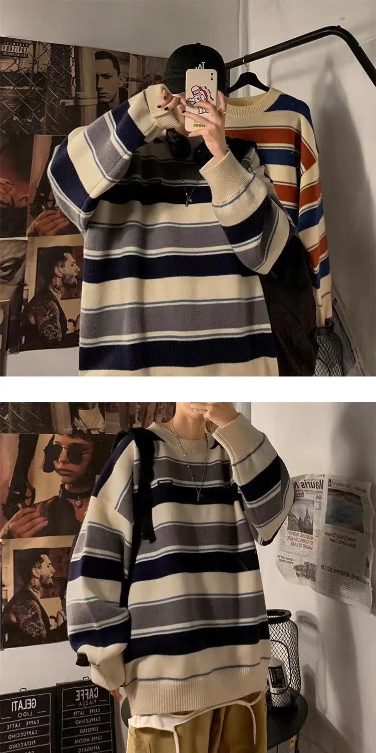 Bonsir Men's Fashion Loose Coats Striped Printing Wool Sweater Couples Clothes Cashmere Knitting In Warm Round Neck Pullover M-2XL