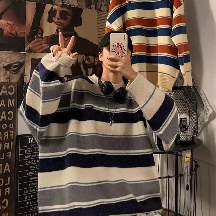 Bonsir Men's Fashion Loose Coats Striped Printing Wool Sweater Couples Clothes Cashmere Knitting In Warm Round Neck Pullover M-2XL
