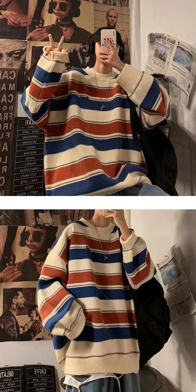 Bonsir Men's Fashion Loose Coats Striped Printing Wool Sweater Couples Clothes Cashmere Knitting In Warm Round Neck Pullover M-2XL