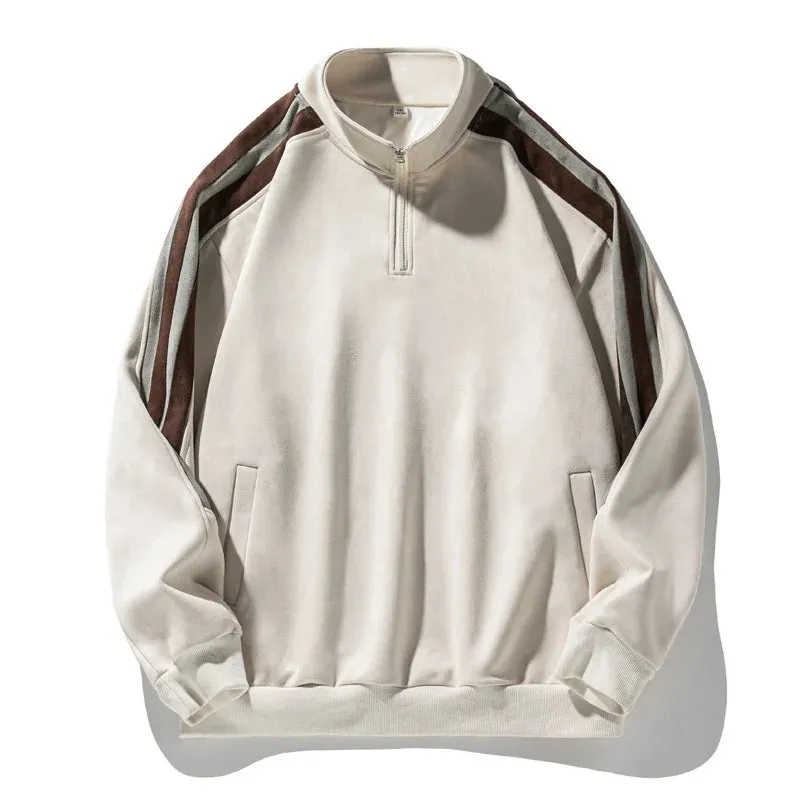 Bonsir Suede Half Zip Sweatshirt Men's Women's Autumn Autumn Winter Patchwork American Texture Standing Collar Jacket Soft Warmth