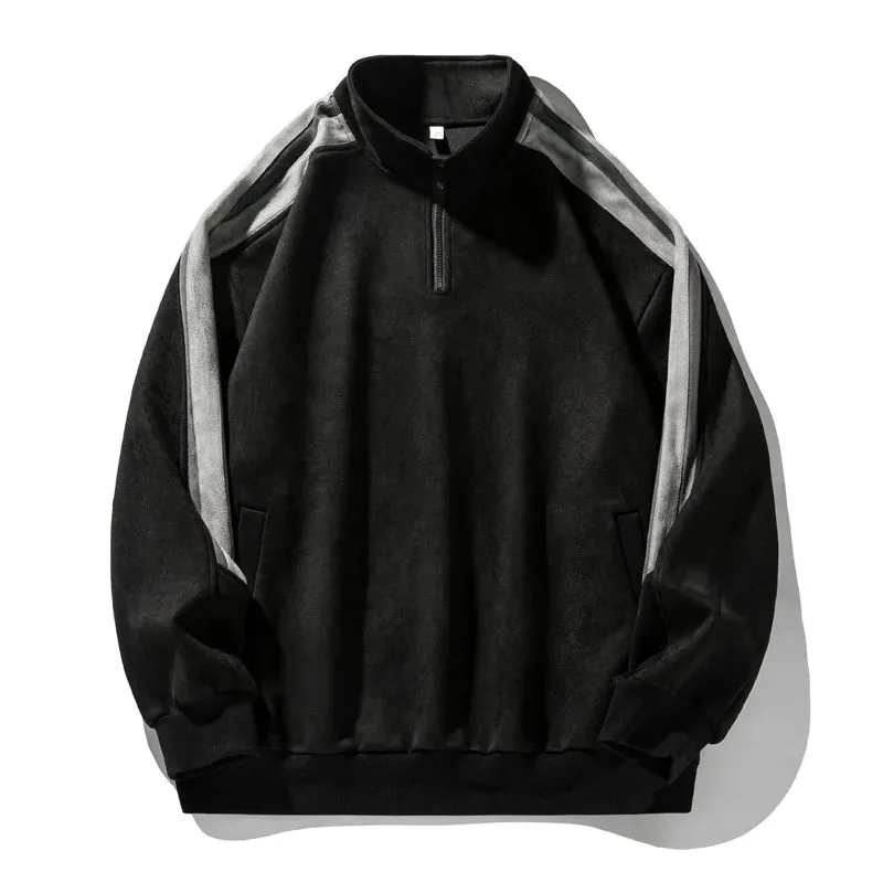 Bonsir Suede Half Zip Sweatshirt Men's Women's Autumn Autumn Winter Patchwork American Texture Standing Collar Jacket Soft Warmth