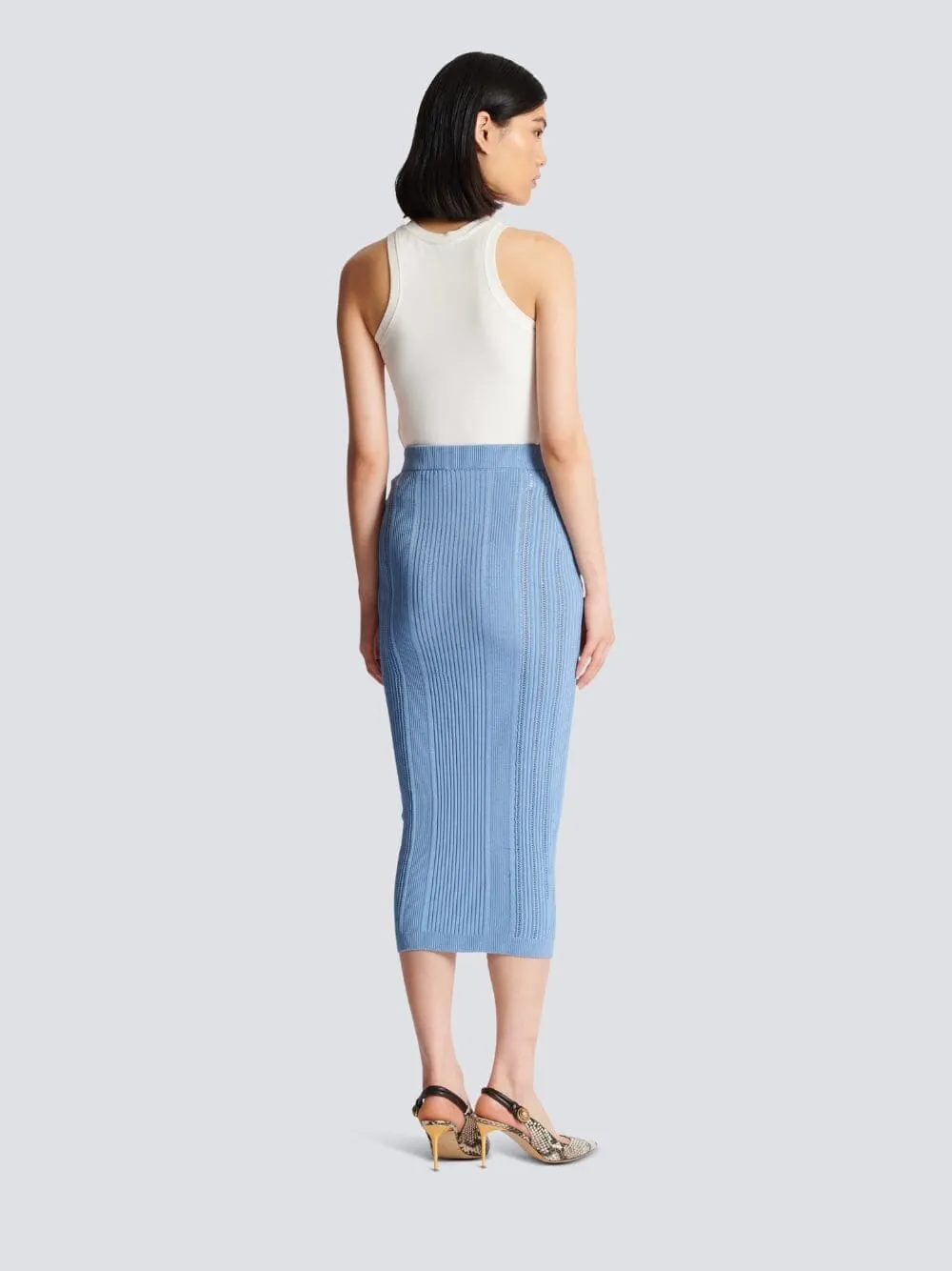 Buttoned Rib-Knit Midi Skirt