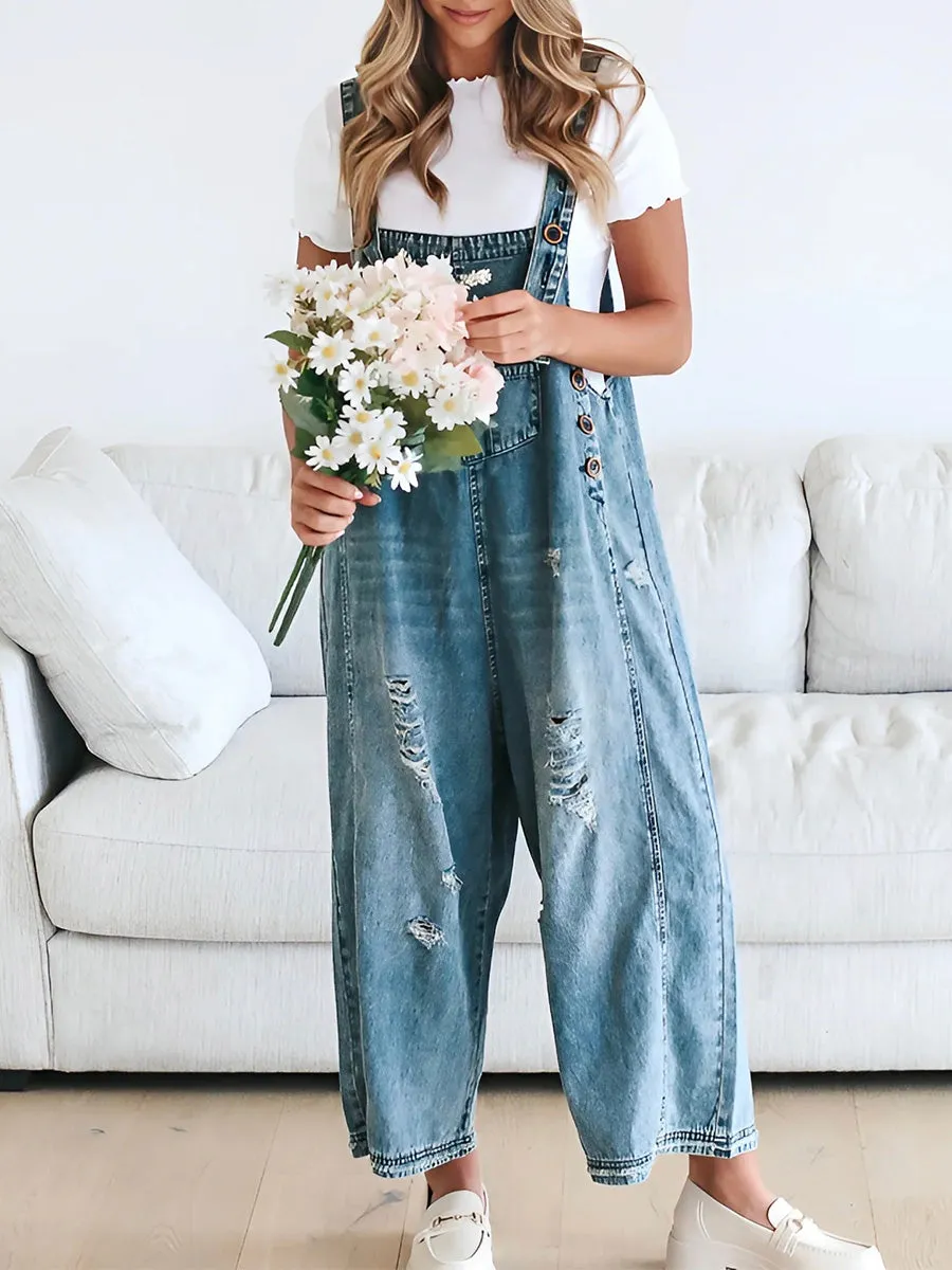 CALI - RELAXED DISTRESSED DENIM JUMPSUIT