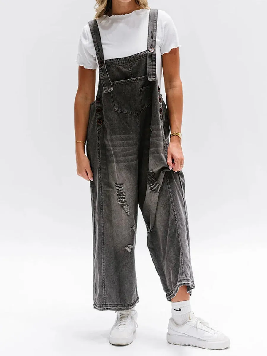 CALI - RELAXED DISTRESSED DENIM JUMPSUIT