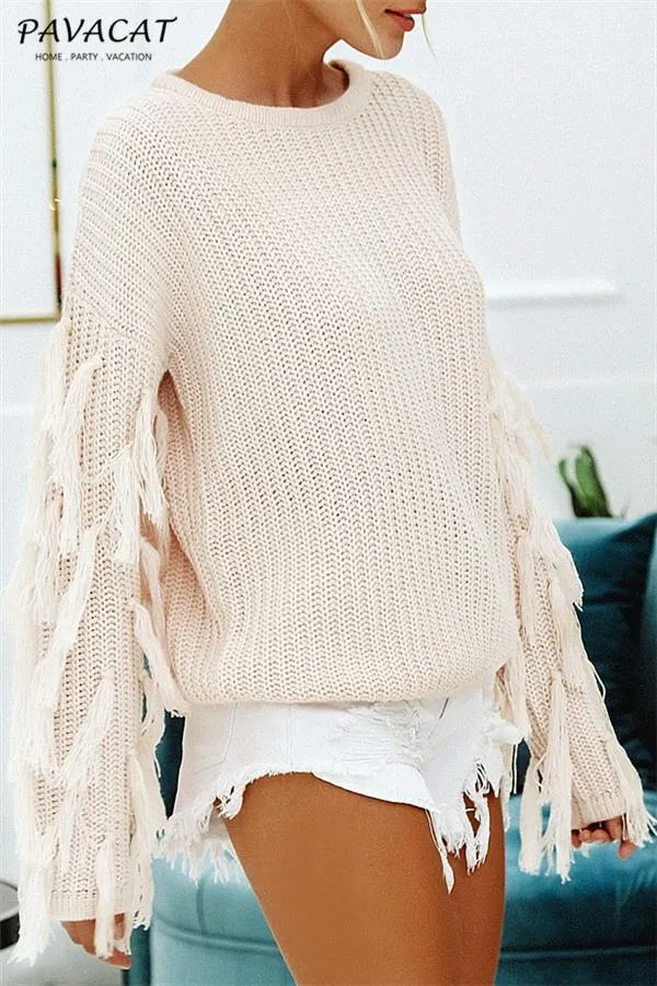 Casual O Neck Tassel Sweater - Armygreen