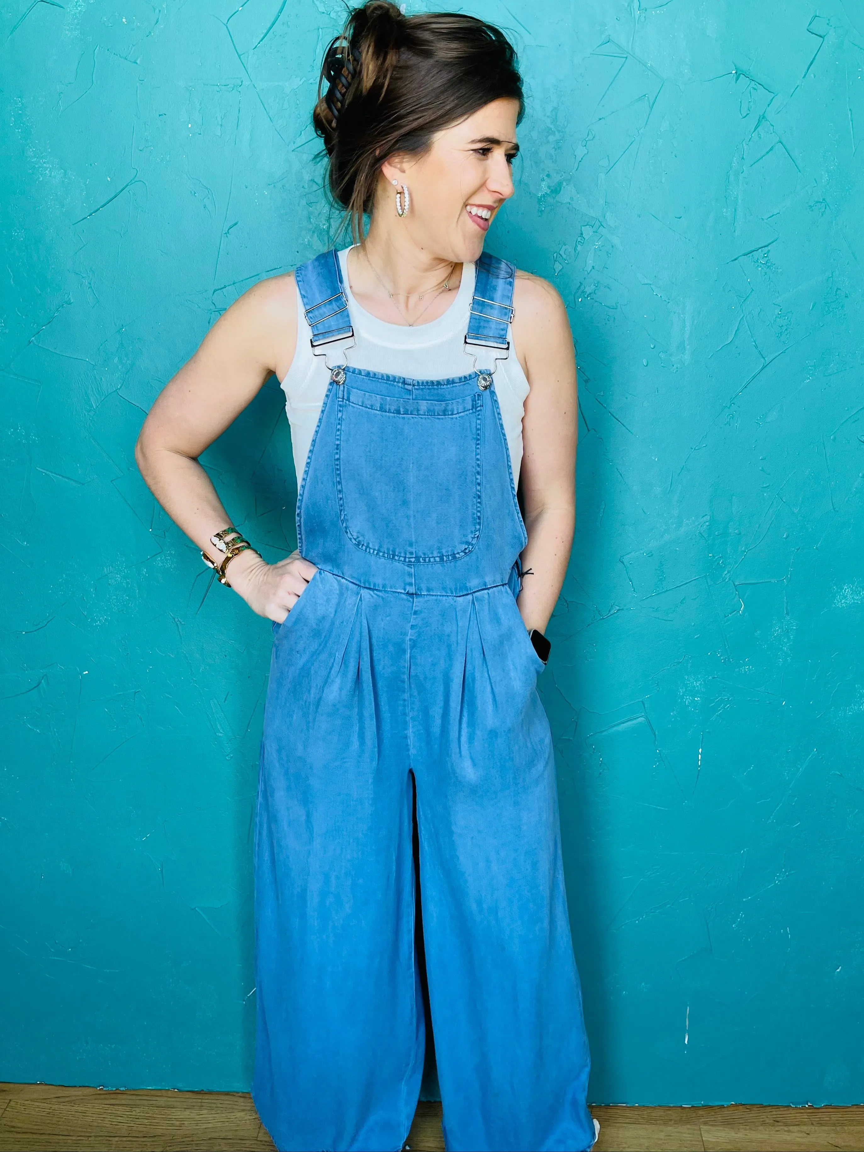 Chambray Wide Leg Overalls