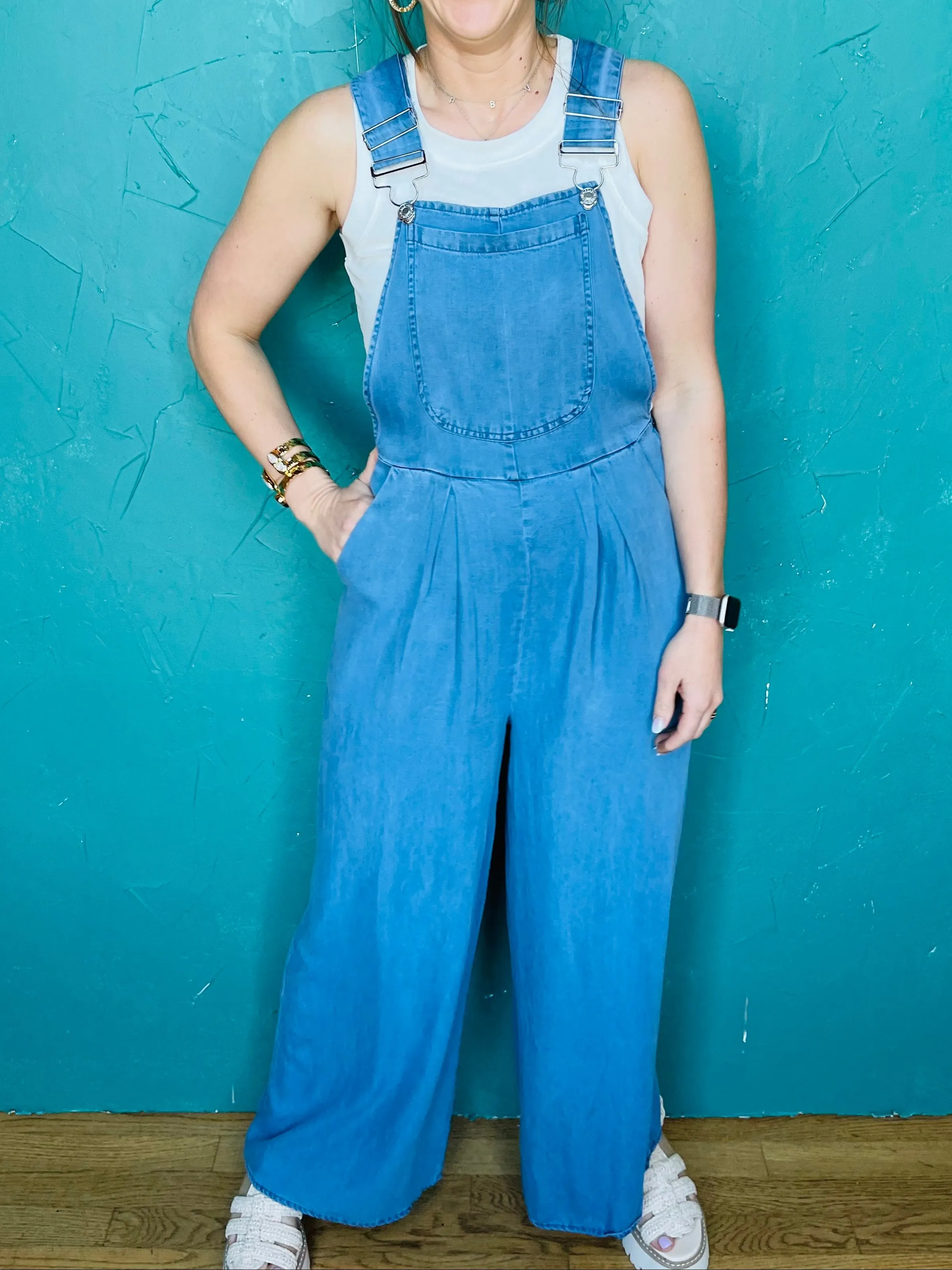 Chambray Wide Leg Overalls