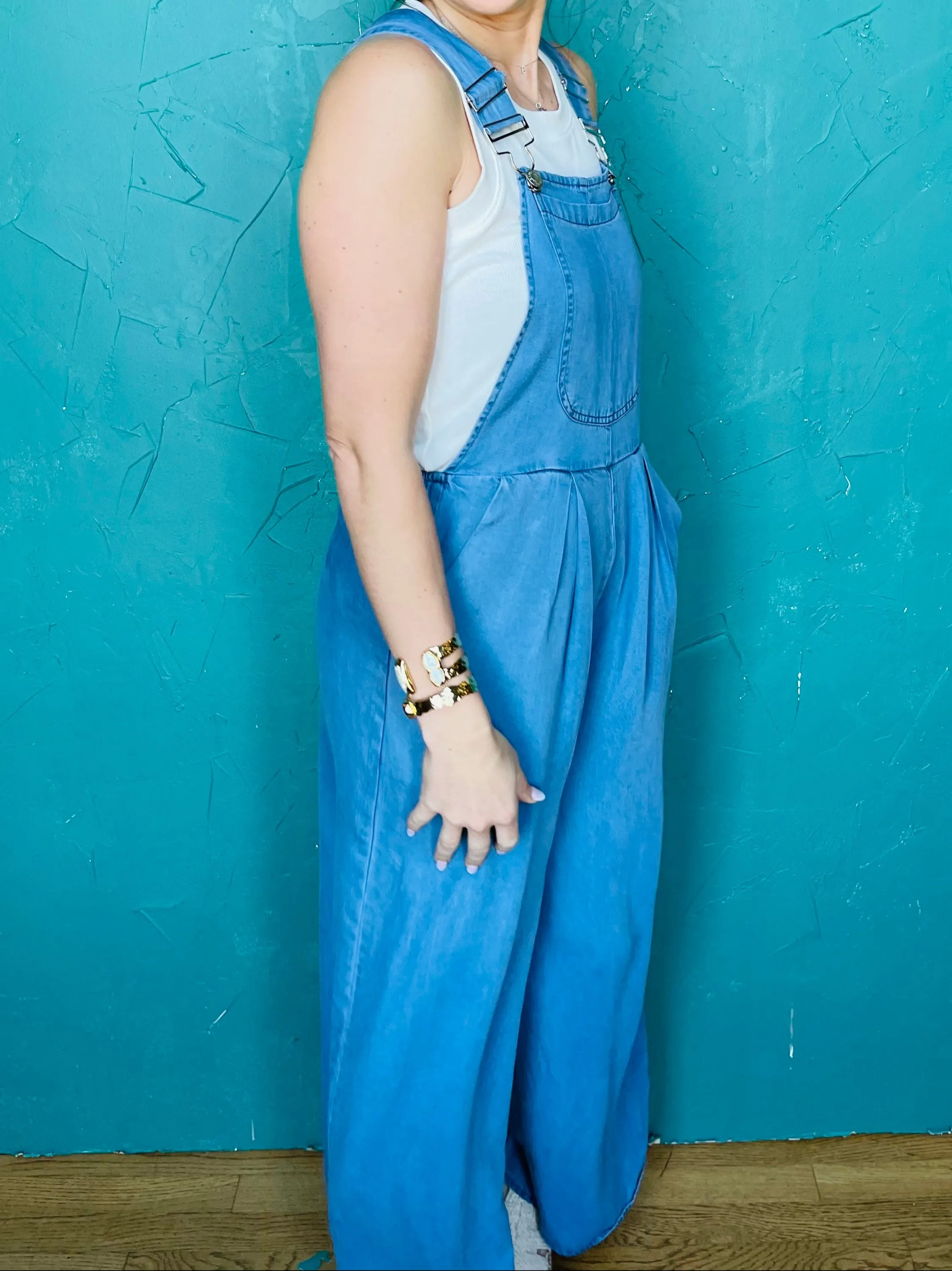 Chambray Wide Leg Overalls