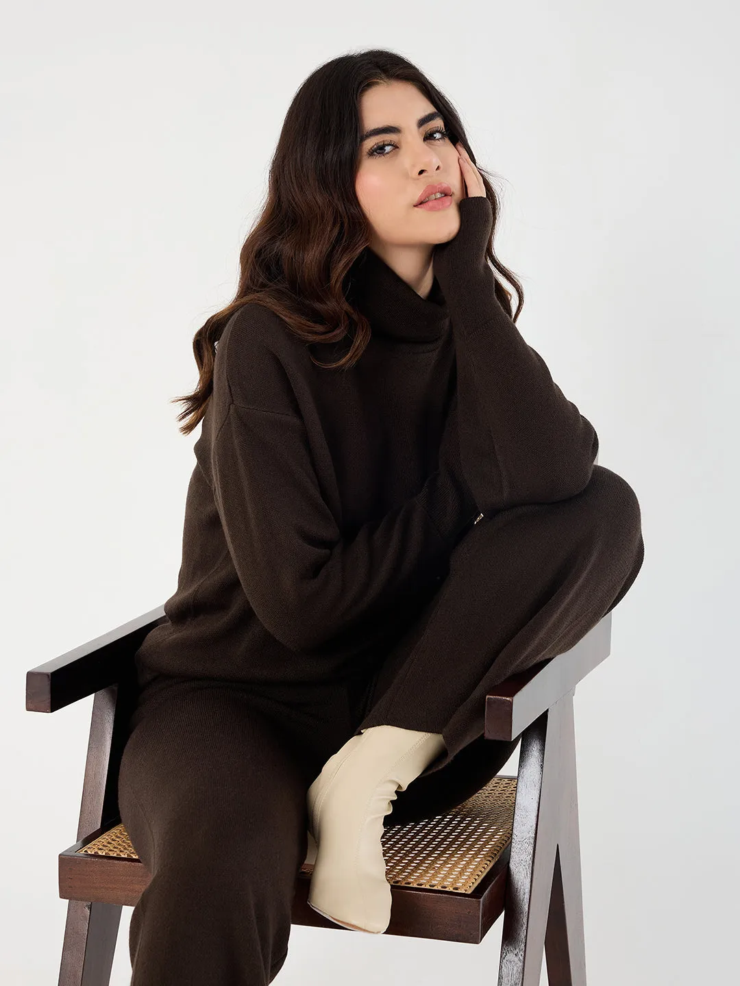 Coffee Brown Knitted High Neck Sweater With Straight Pant