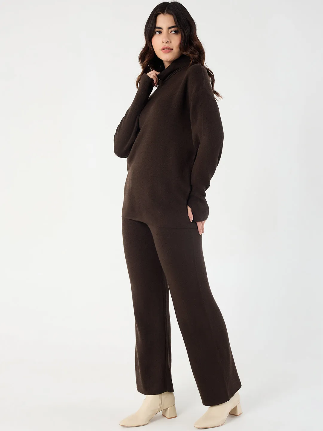 Coffee Brown Knitted High Neck Sweater With Straight Pant
