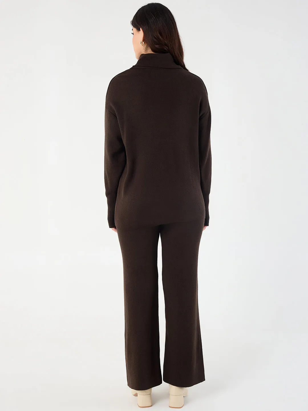 Coffee Brown Knitted High Neck Sweater With Straight Pant
