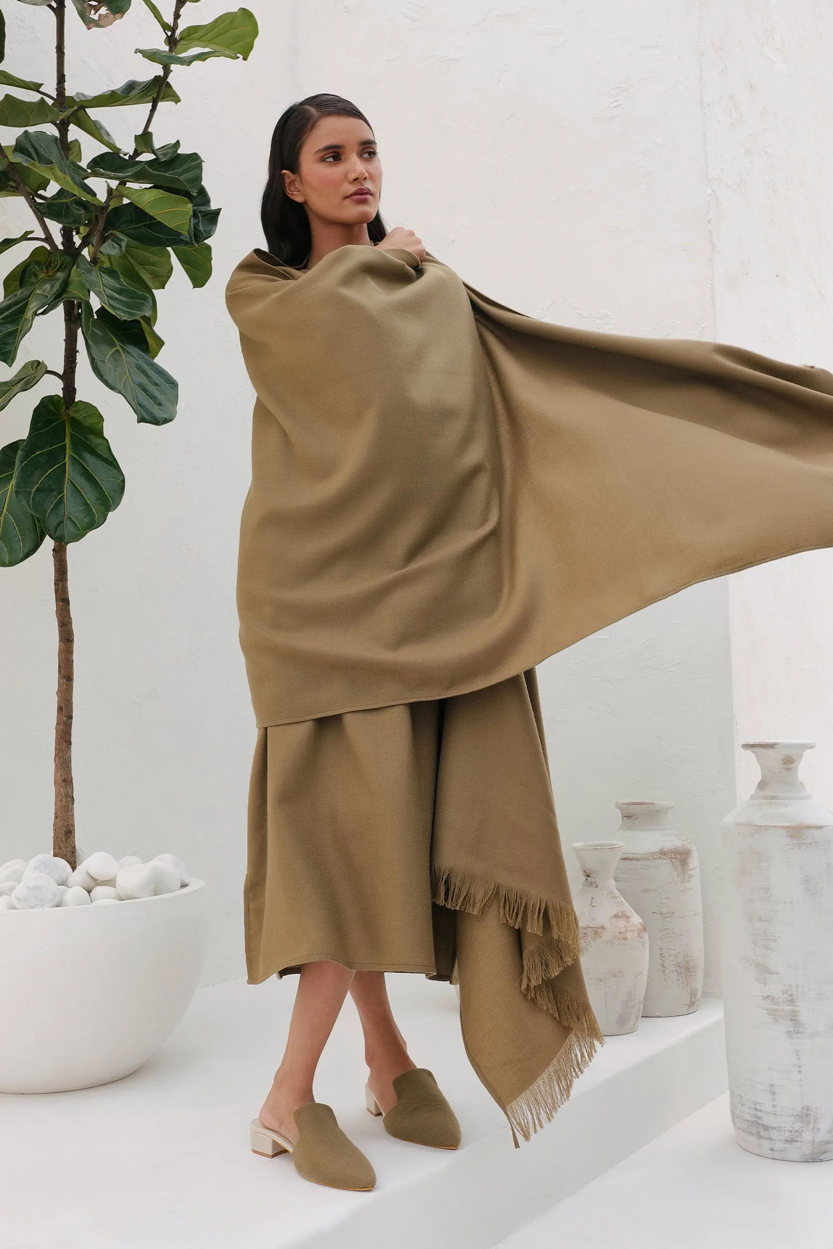 Colmar Woollen Dress & Sand Woollen Shawl (Clay)