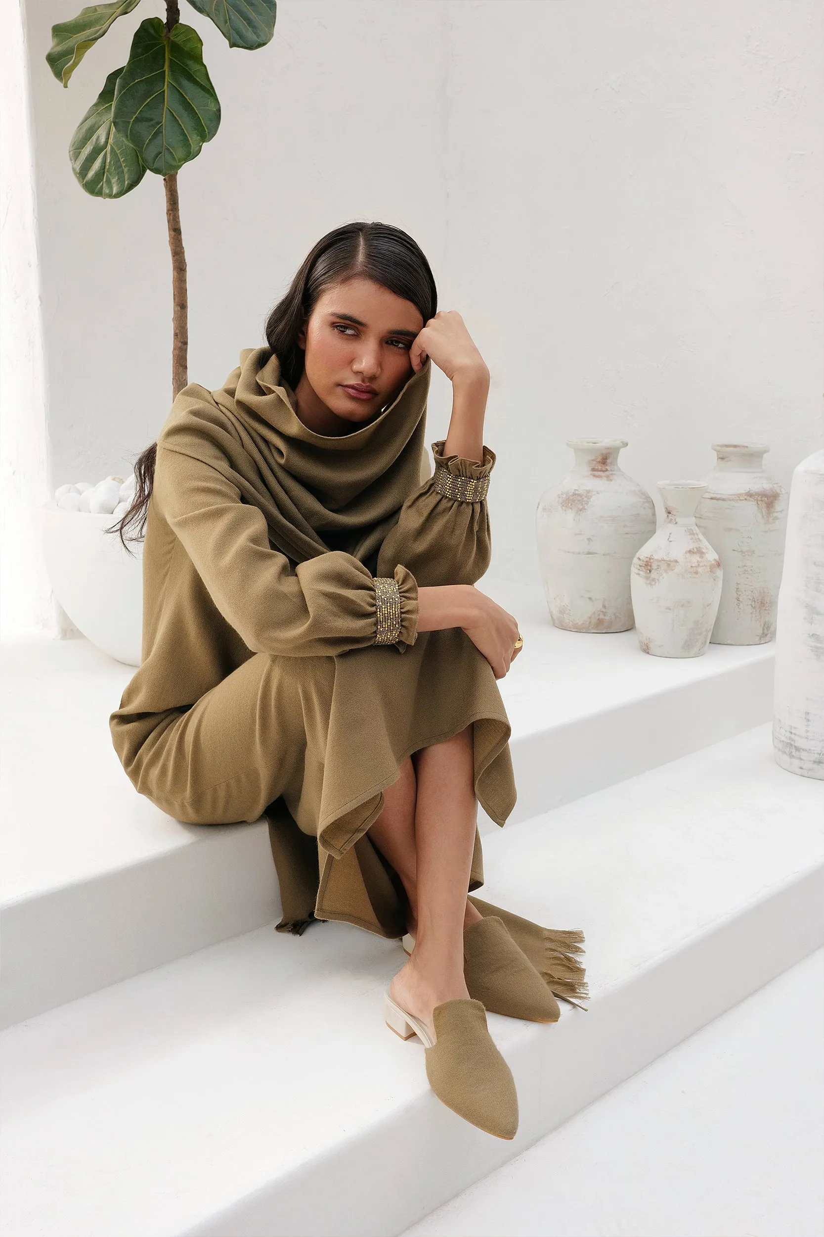 Colmar Woollen Dress & Sand Woollen Shawl (Clay)