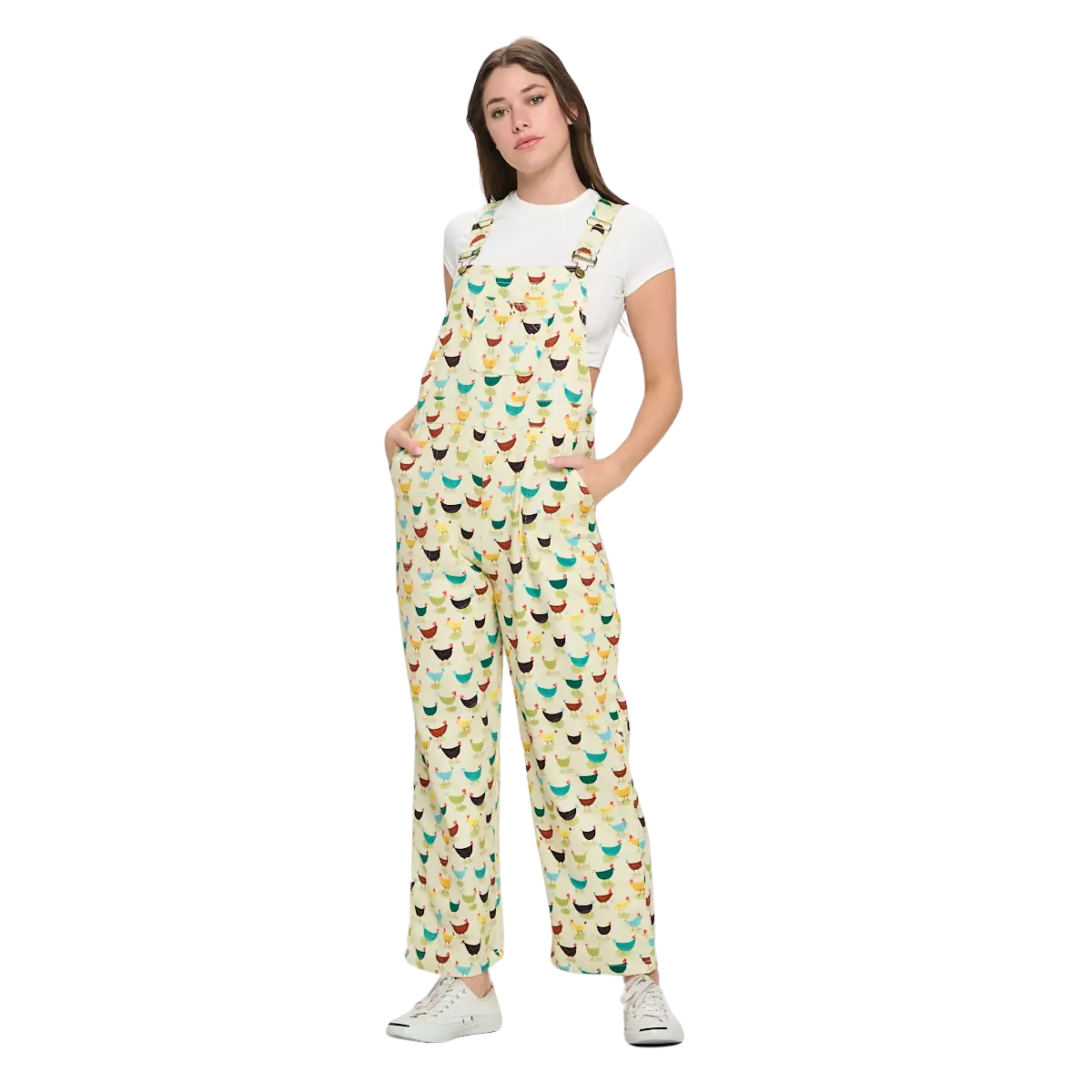 Colorful Rooster Print Cotton Overall