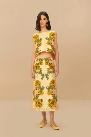 Cream Delicate Flower Arabesques Linen Midi Skirt