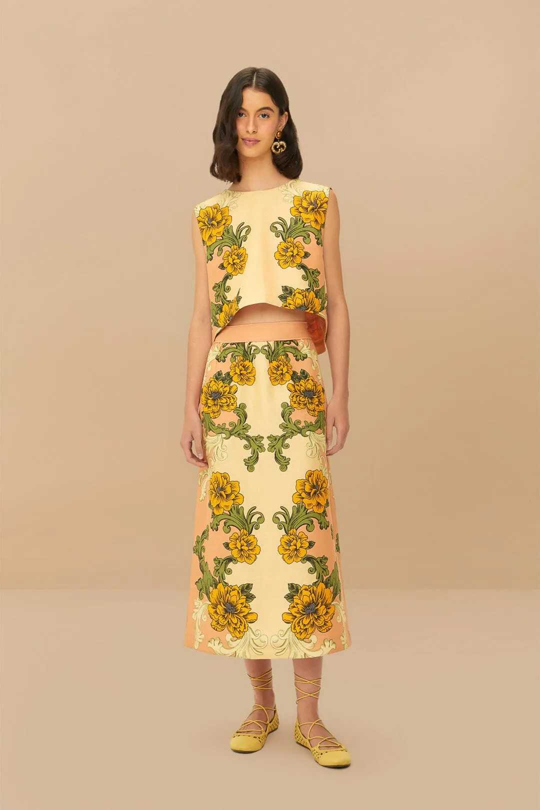 Cream Delicate Flower Arabesques Linen Midi Skirt