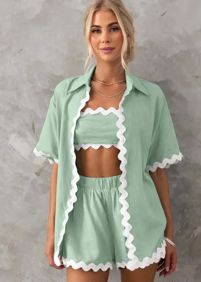 daily women's casual simple style solid color spandex polyester button shorts sets shorts sets