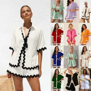 daily women's casual simple style solid color spandex polyester button shorts sets shorts sets