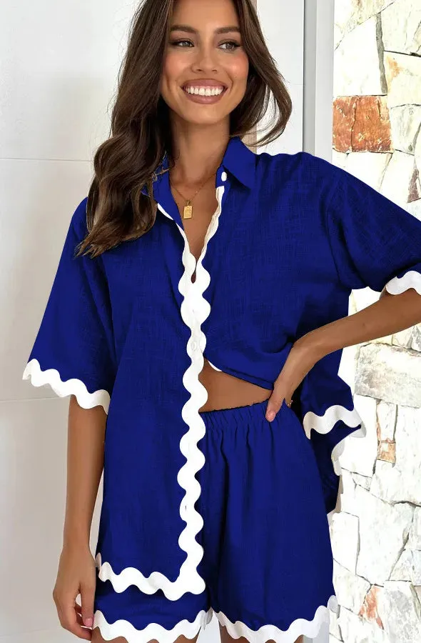 daily women's casual simple style solid color spandex polyester button shorts sets shorts sets