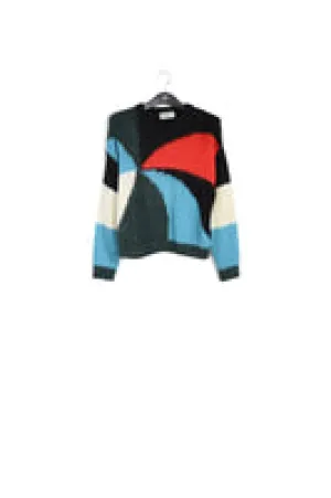 Dark green, blue and red intarsia-knitted sweater