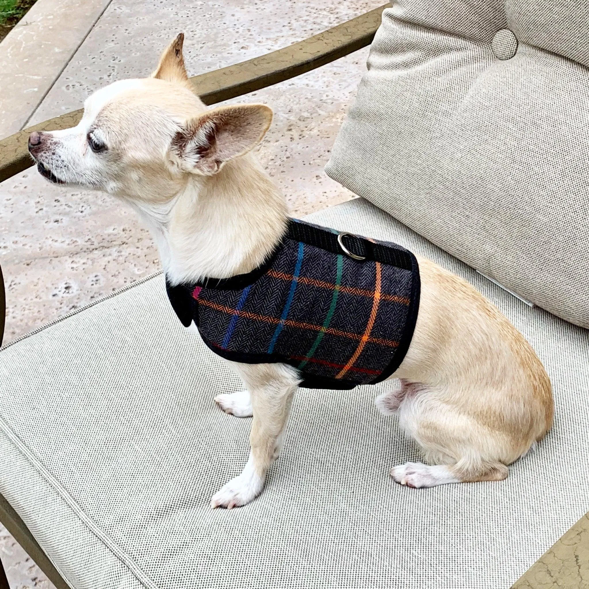 Dark Grey Plaid Brushed Cotton Dog Vest Harness