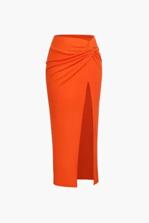 Doris - Knot Side Slit Design Woman's Knit Midi Skirt