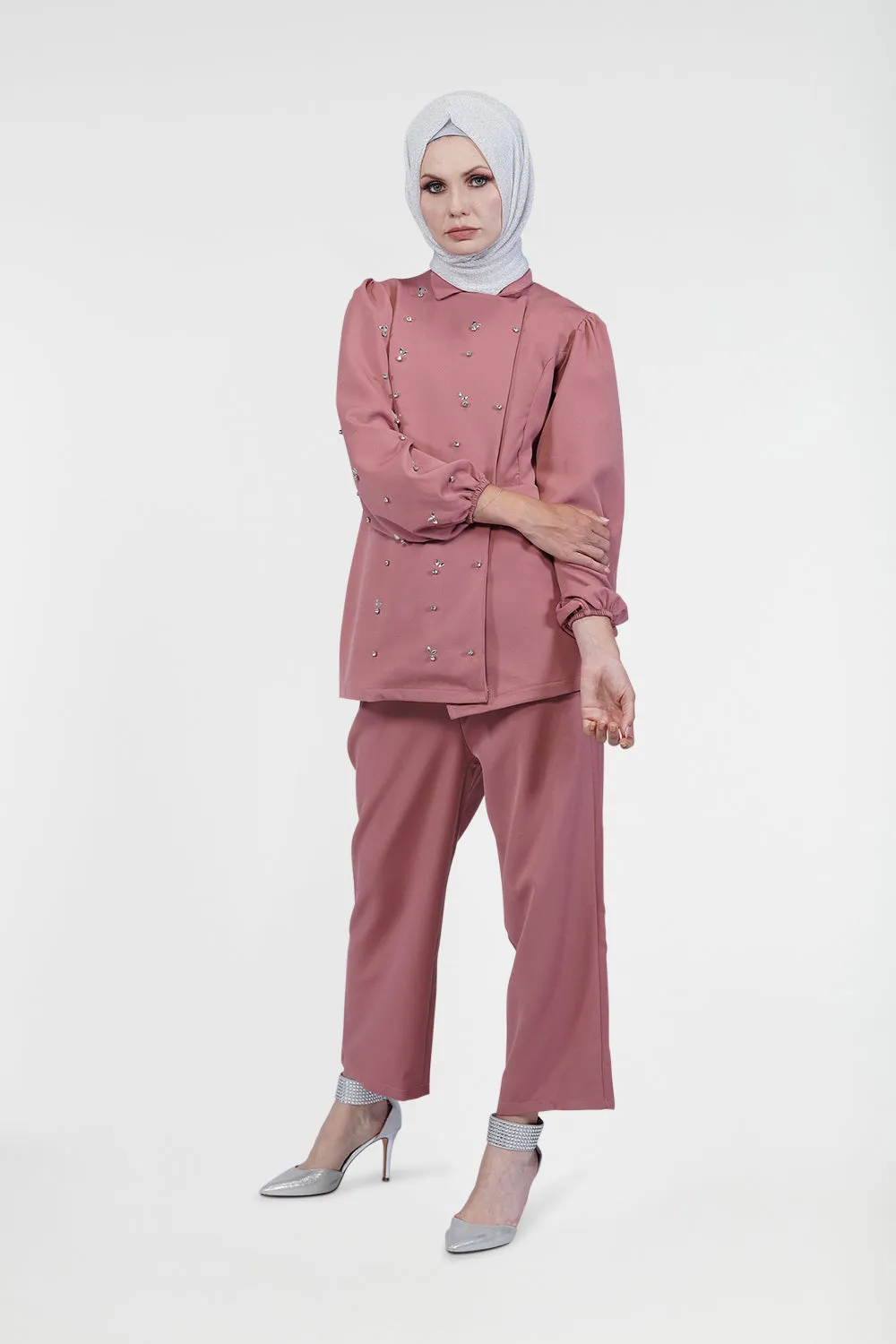 Double Breasted Relaxed Modest Pant Set | Pink