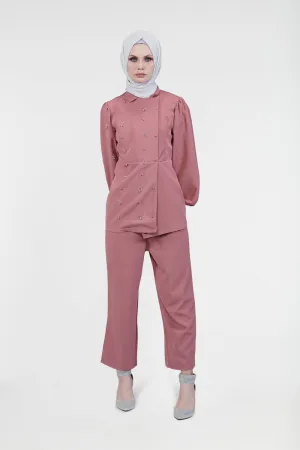 Double Breasted Relaxed Modest Pant Set | Pink