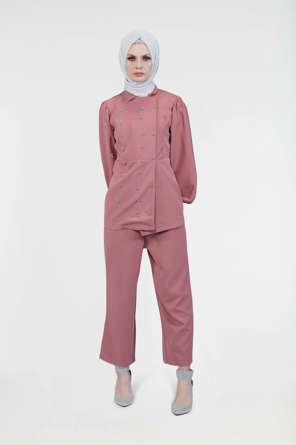 Double Breasted Relaxed Modest Pant Set | Pink