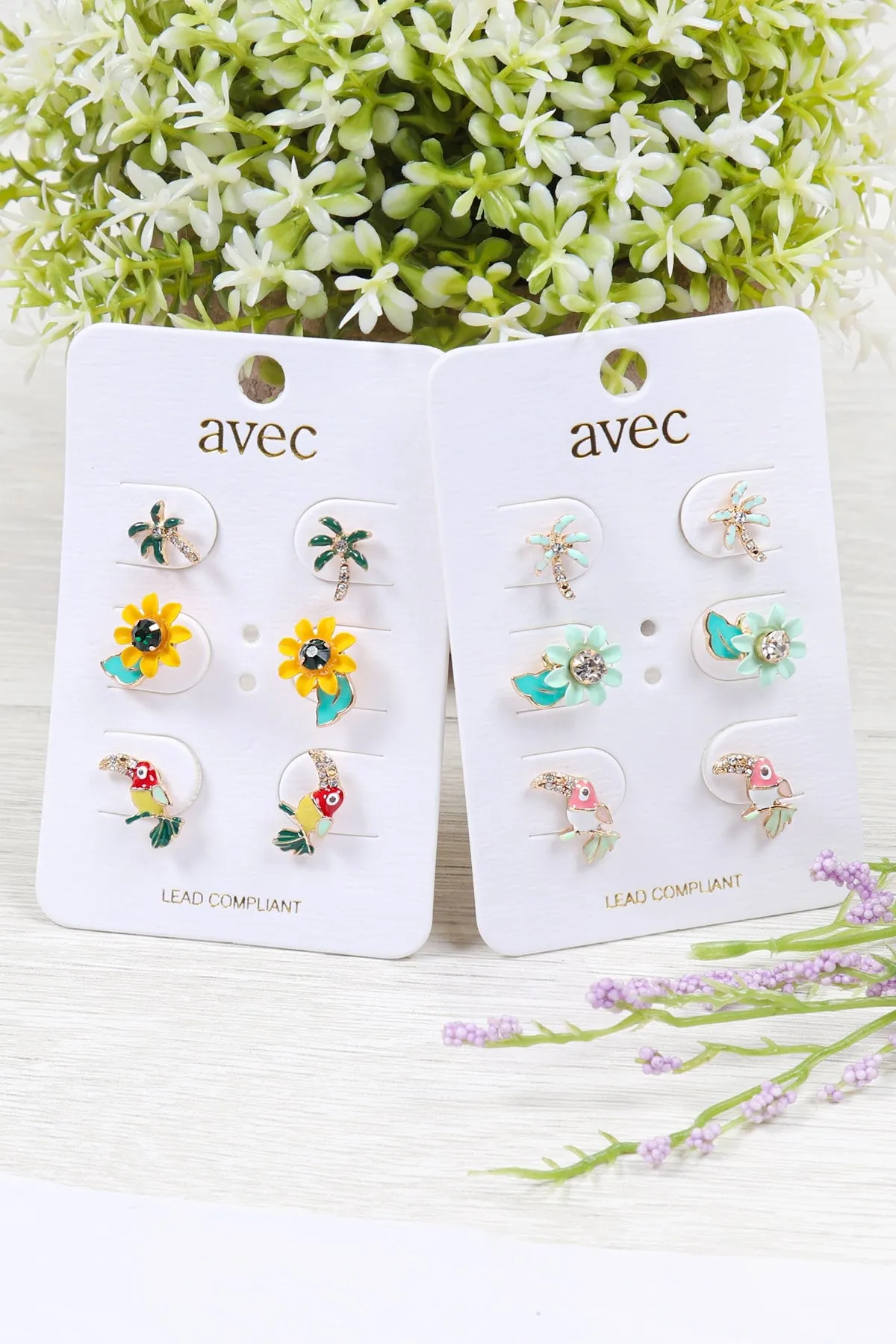 EEA001 - THREE-PAIR SET OF FLOWER BIRD STUD EARRINGS