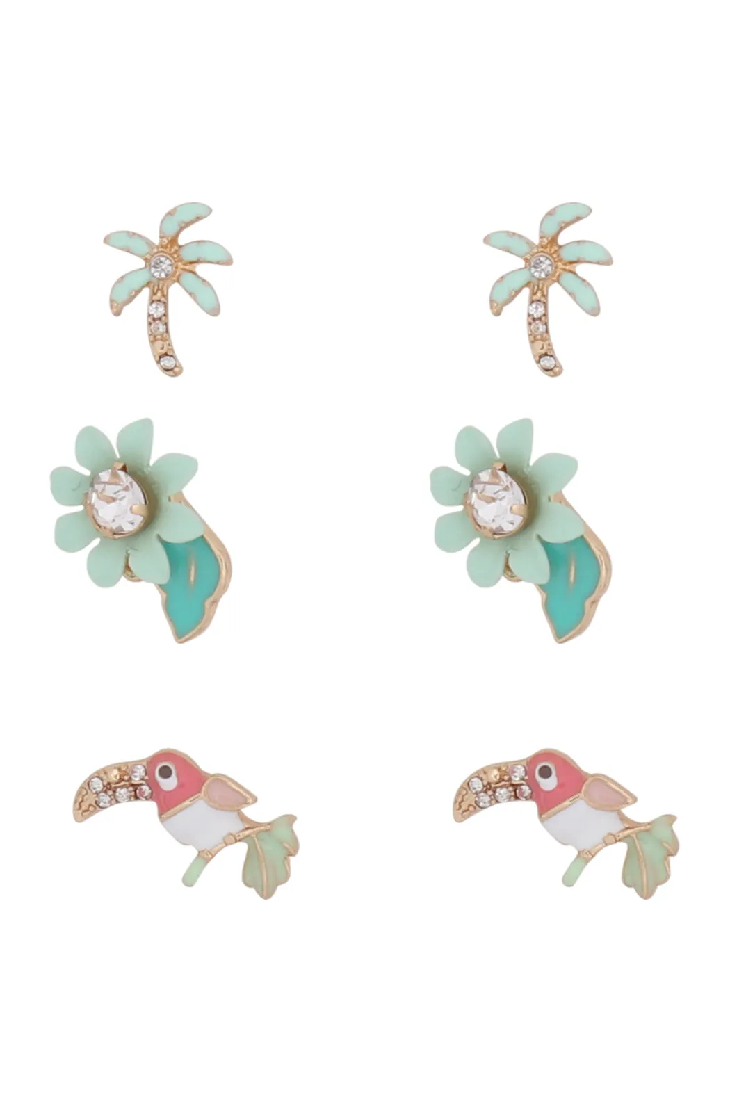 EEA001 - THREE-PAIR SET OF FLOWER BIRD STUD EARRINGS