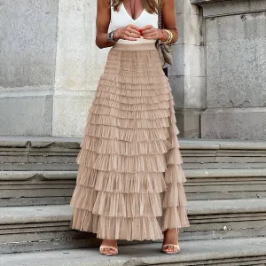 Elastic waist ruffle tulle maxi skirt