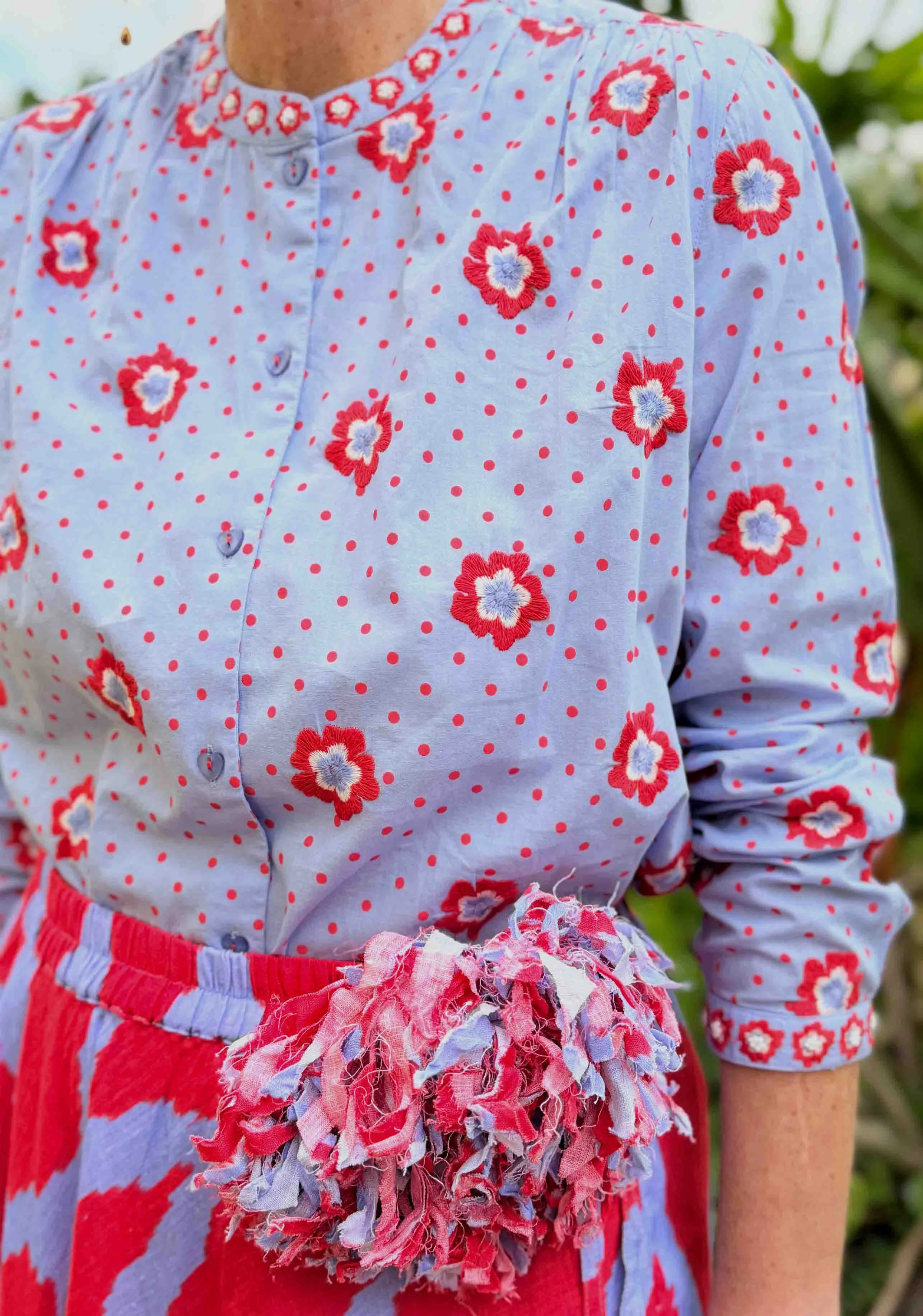 Embroidered Columbia Blouse, Red Dots