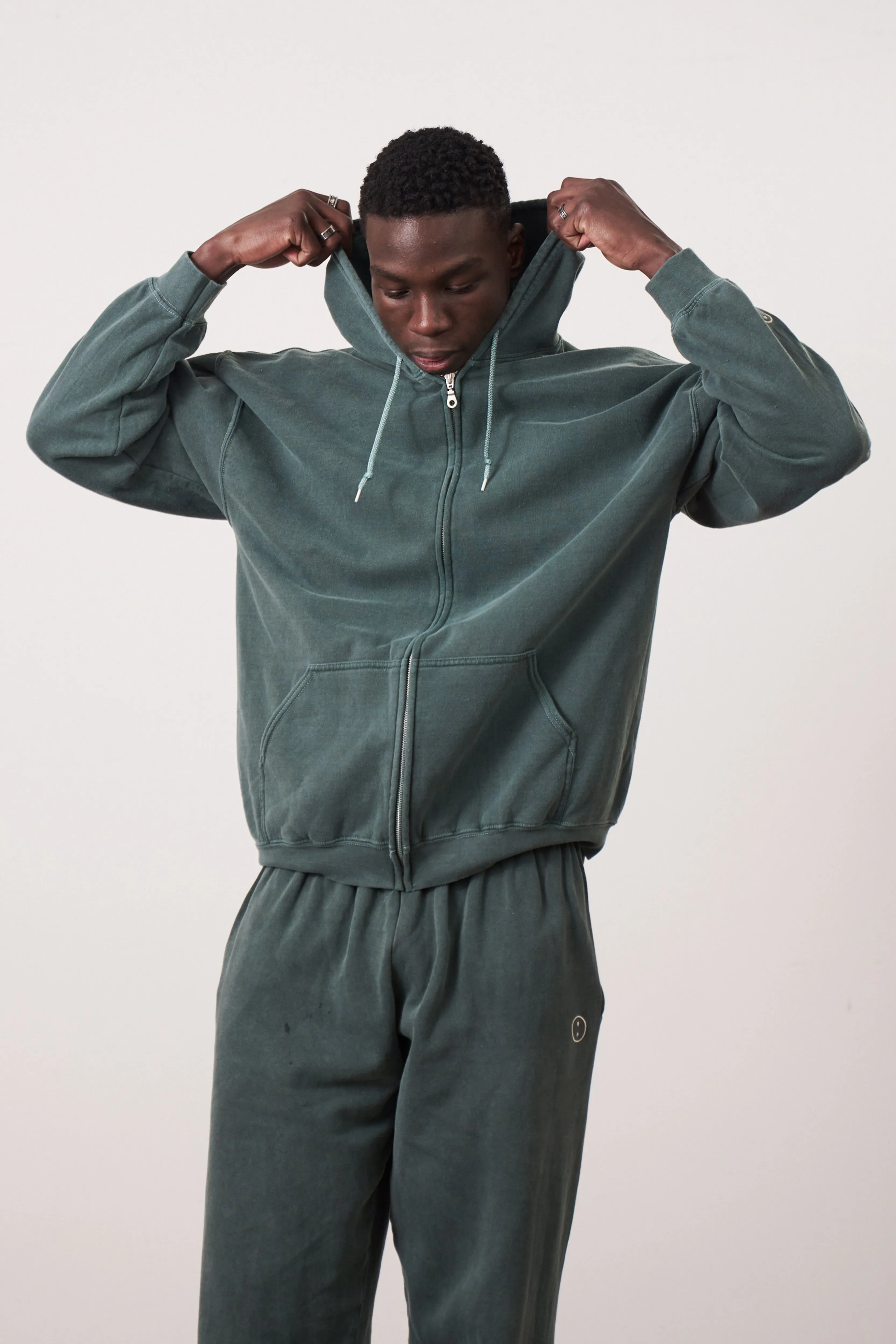 Essentials Vintage Washed Zip-Up Hoodie & Jogger Set - Forest