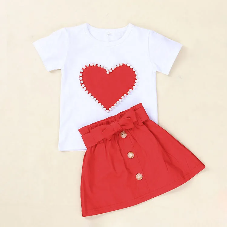 European And American Summer Children's Clothing New Girl Pearl Love White Short Sleeve   bow Skirt Baby Skirt Set