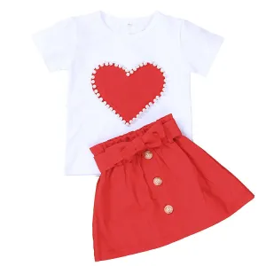 European And American Summer Children's Clothing New Girl Pearl Love White Short Sleeve   bow Skirt Baby Skirt Set