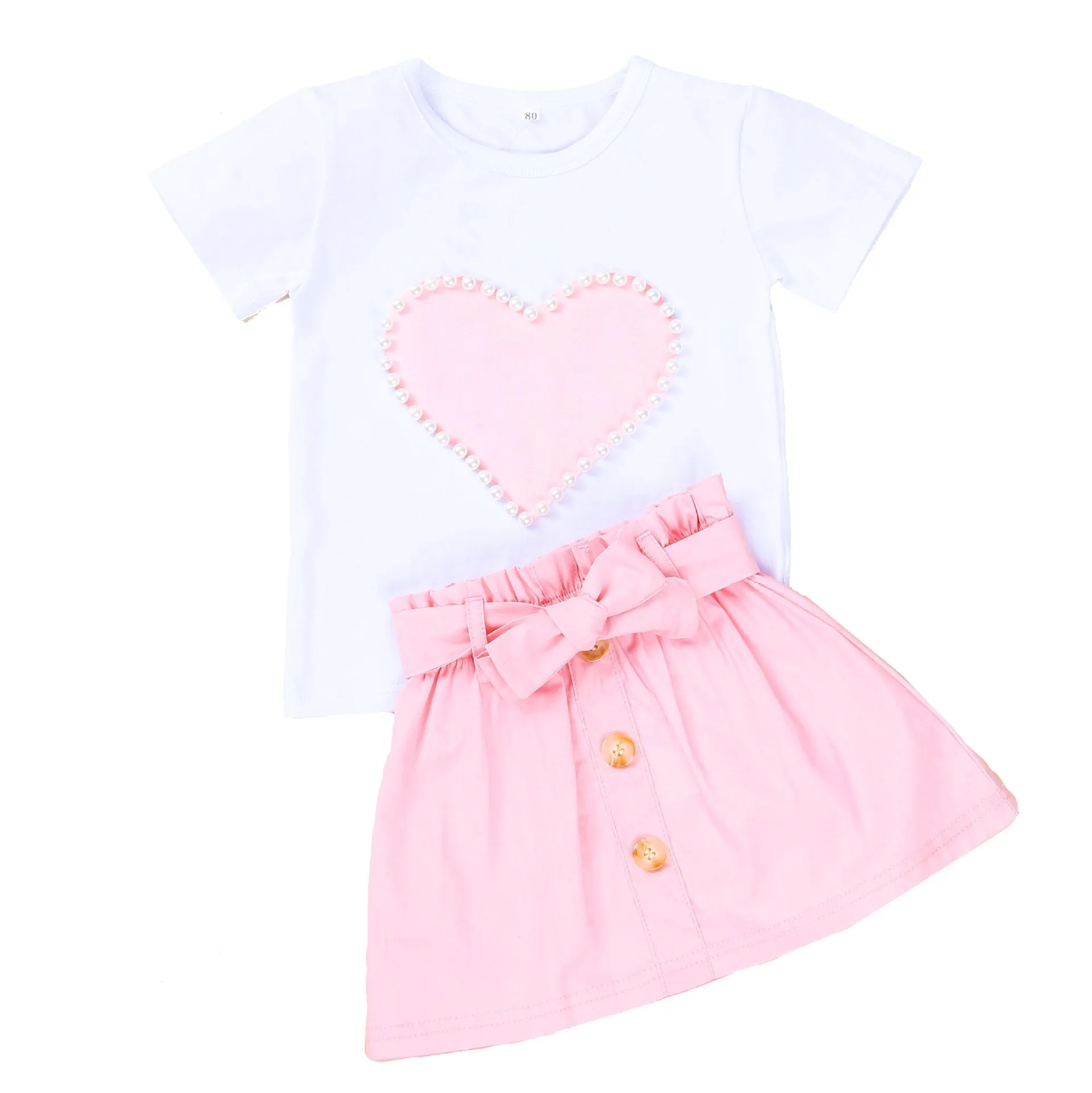 European And American Summer Children's Clothing New Girl Pearl Love White Short Sleeve   bow Skirt Baby Skirt Set